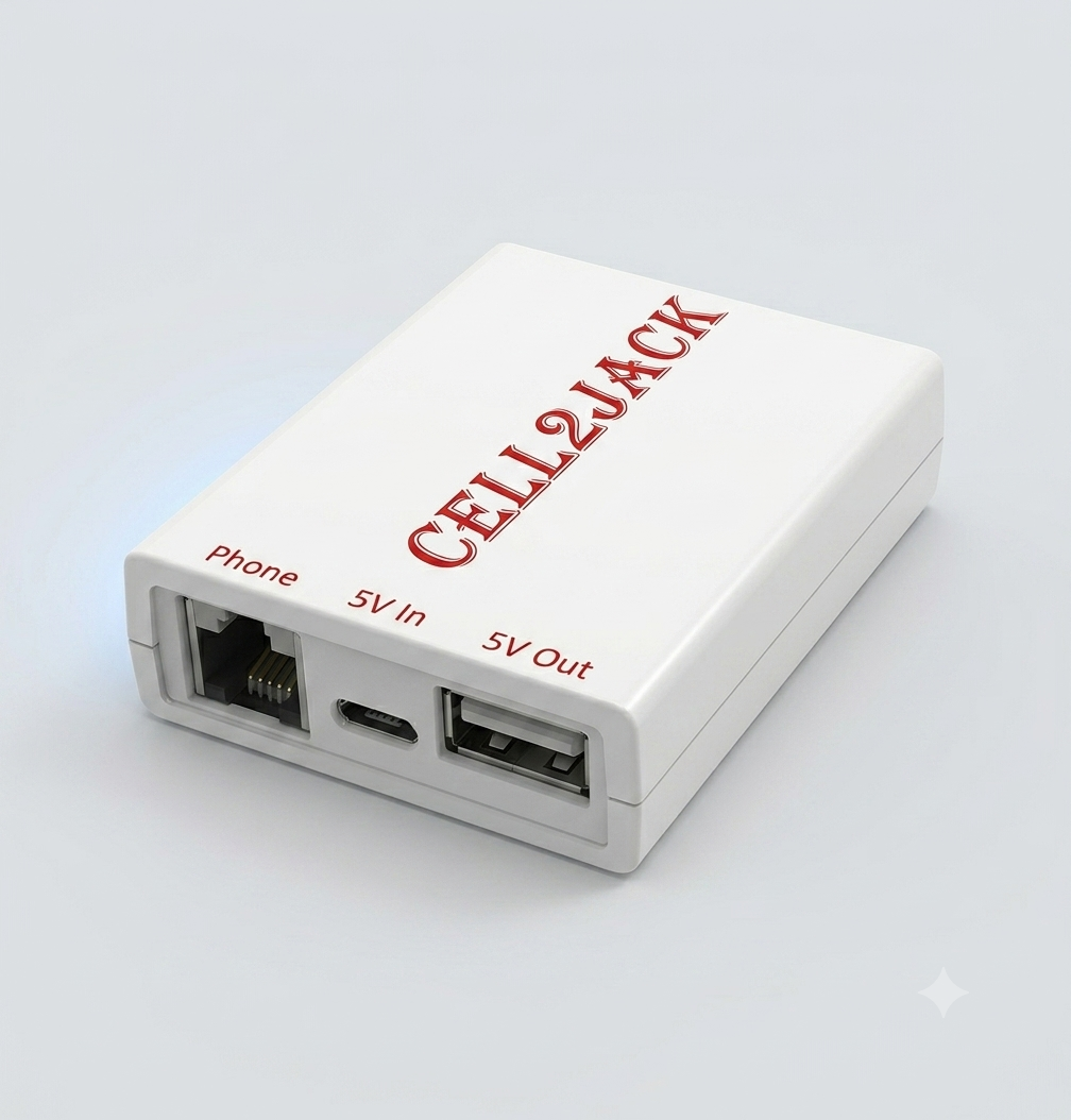 The Cell2Jack device, a small box that links your cell phone to your home phone wiring.